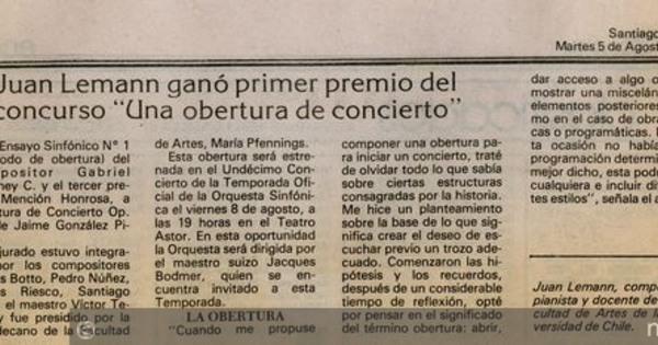 Juan Lémann ganó primer premio del concurso "Una Obertura de Concierto"