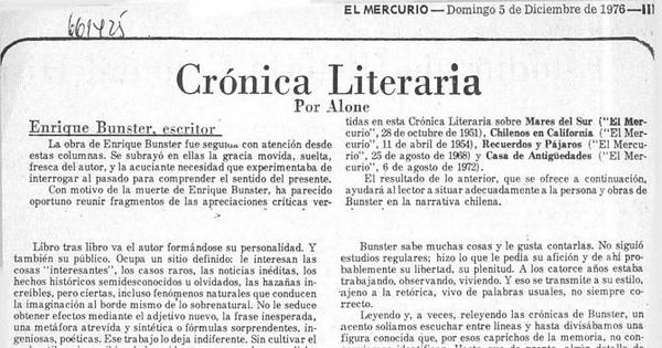 Crónica literaria: Enrique Bunster, escritor