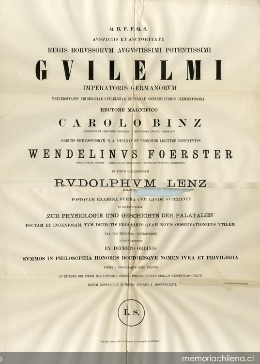 Diploma de doctor otorgado a Rodolfo Lenz, agosto 1886