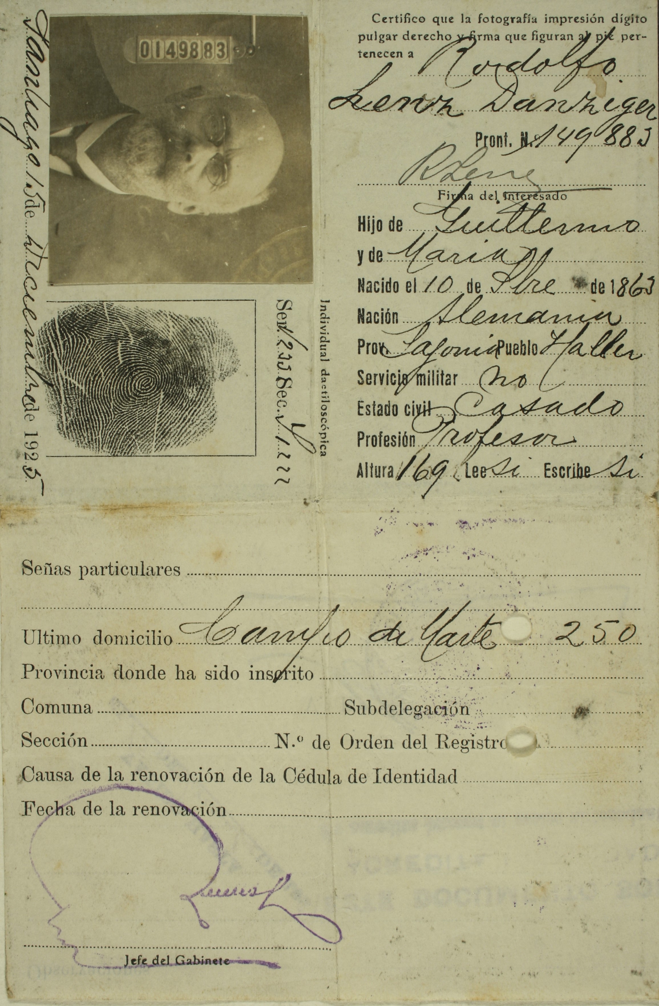 Cédula de identidad de Rodolfo Lenz otorgada por la República de Chile, 1925