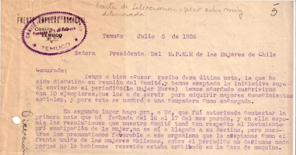 Correspondencia de la Secretaria General del Movimiento Pro-Emancipación de las Mujeres de Chile (MEMCH), Elena Caffarena, julio-diciembre 1936