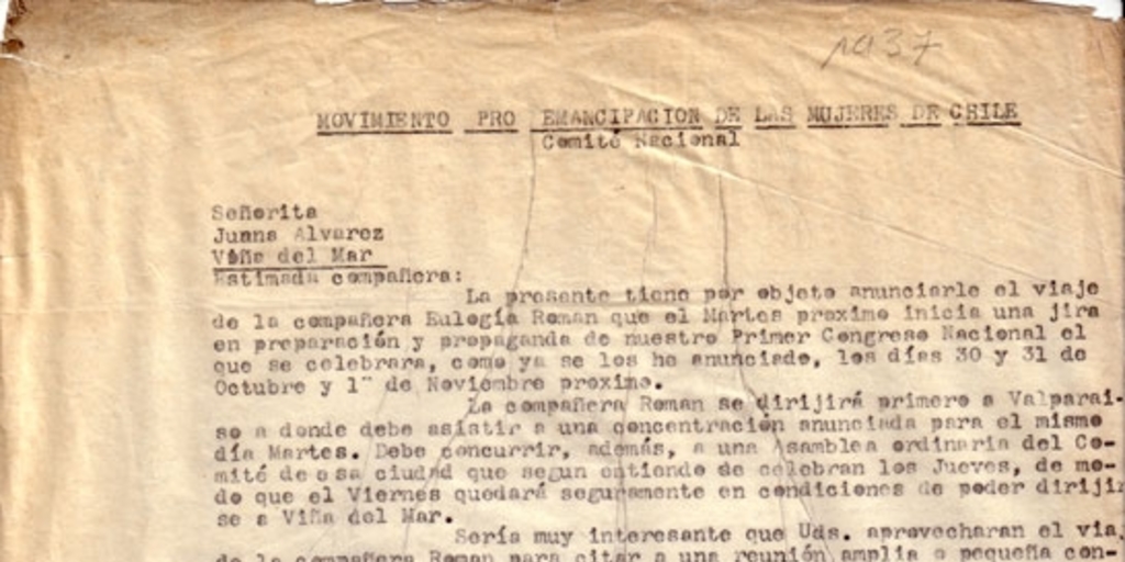 Correspondencia de la Secretaria General del Movimiento Pro-Emancipación de las Mujeres de Chile (MEMCH), Elena Caffarena, enero-agosto 1937