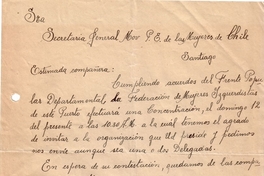 Correspondencia de la Secretaria General del Movimiento Pro-Emancipación de las Mujeres de Chile (MEMCH), Elena Caffarena, septiembre-diciembre, 1937
