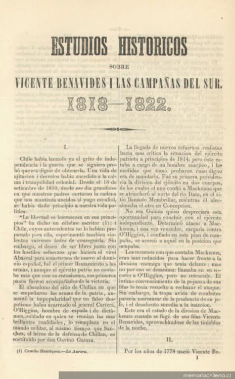 Estudios históricos sobre Vicente Benavides i las campañas del Sur : 1818-1822