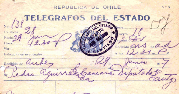 [Telegrama], 1917, jun. 29, Los Andes, Chile <a> Pedro Aguirre Cerda, Chile : [manuscrito]