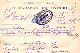 [Telegrama], 1917, jun. 29, Los Andes, Chile <a> Pedro Aguirre Cerda, Chile : [manuscrito]