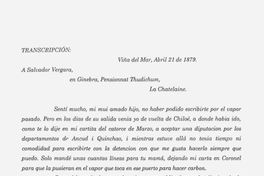 Carta, 1879 abr. 21, Viña del Mar a Salvador Vergara, Ginebra