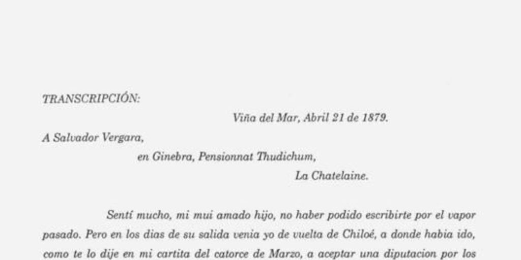 Carta, 1879 abr. 21, Viña del Mar a Salvador Vergara, Ginebra