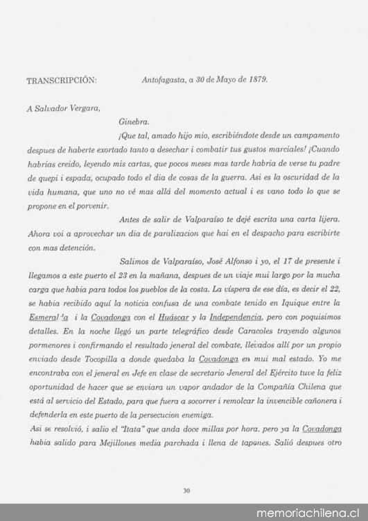 Carta, 1879 mayo 30, Antofagasta a Salvador Vergara, Ginebra