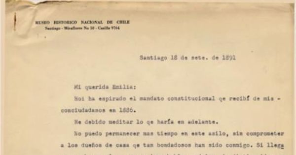 Carta de José Manuel Balmaceda a Emilia Toro : Santiago, 18 de septiembre de 1891