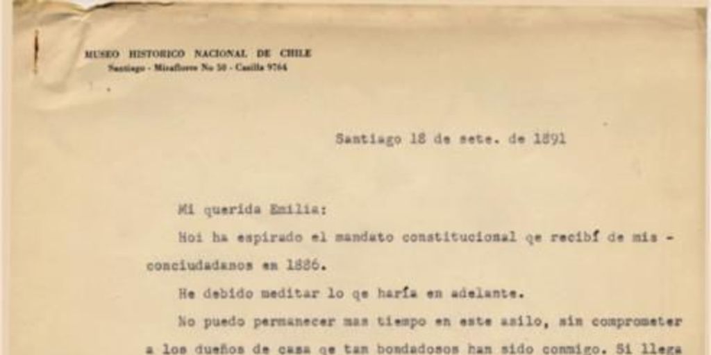 Carta de José Manuel Balmaceda a Emilia Toro : Santiago, 18 de septiembre de 1891