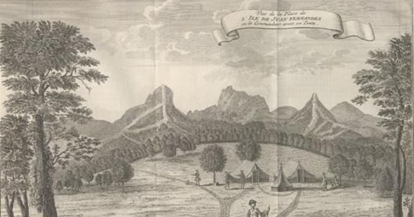 Vista de la tienda de campaña del comodoro en la Isla de Juan Fernández, 1748