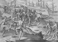 Francis Drake desembarcando en una costa de América meridional. Un nativo roba su sombrero