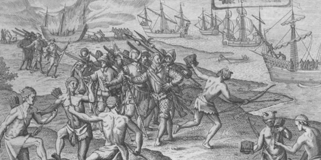 Francis Drake desembarcando en una costa de América meridional. Un nativo roba su sombrero