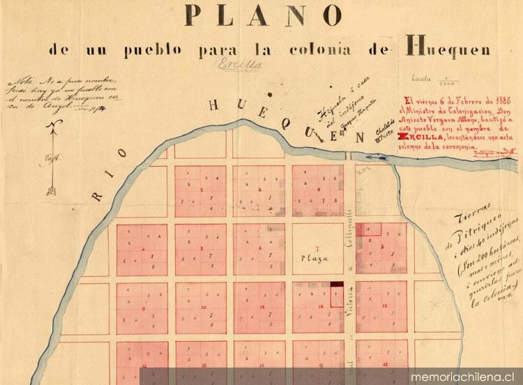 Plano de un pueblo para la colonia de Huequén : (Ercilla) : 1884