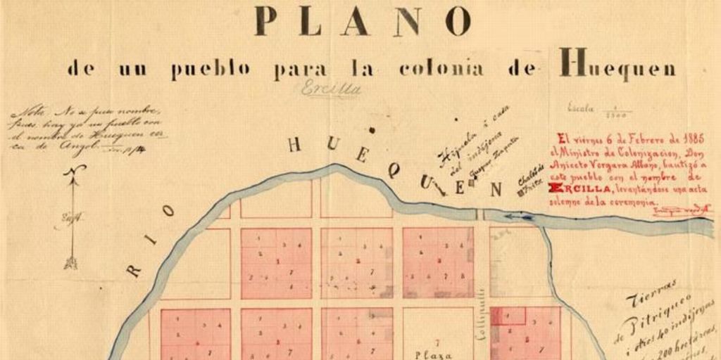Plano de un pueblo para la colonia de Huequén : (Ercilla) : 1884
