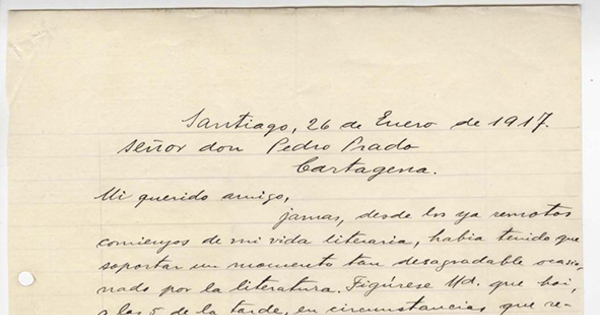 [Carta] 1917 ene. 26, Santiago, Chile [a] Pedro Prado [manuscrito]