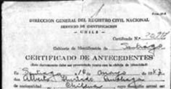 Certificado de antecedentes de Alberto Hurtado, 1947
