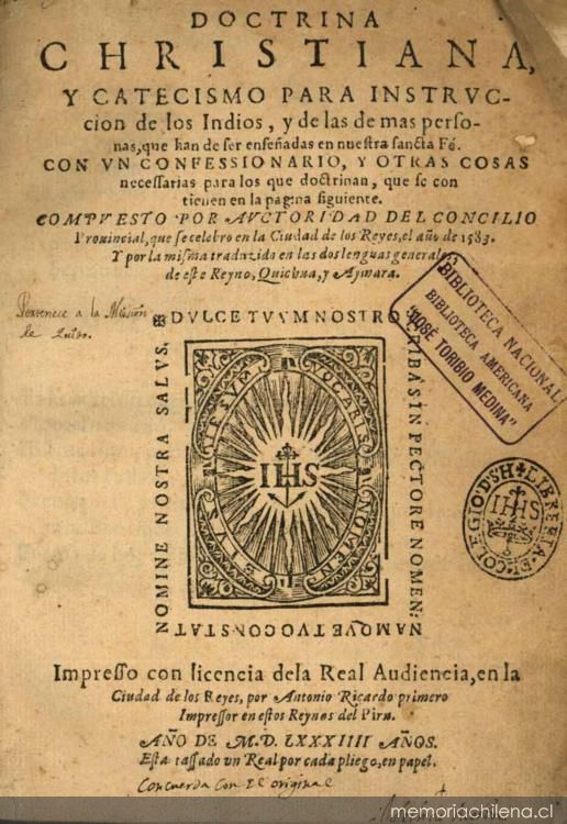 Portada de Doctrina christiana y catecismo para la instrucción de los  indios ... - Memoria Chilena, Biblioteca Nacional de Chile