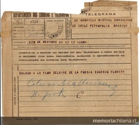 [Telegrama] 1945 nov. 17, New York [a] Gabriela Mistral, Petrópolis, Brasil[manuscrito] /Eugenio Florit.