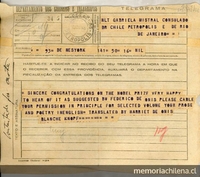 [Telegrama] 1945 nov 17, New York, [Estados Unidos] [a] Gabriela Mistral, Consulado de Chile, Petrópolis e de Rio de Janeiro, [Brasil][manuscrito] /Blanche Knop