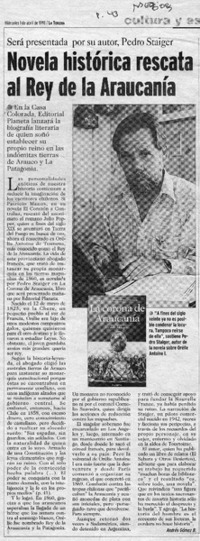 Novela histórica rescata al Rey de la Araucanía  [artículo] Andrés Gómez B.