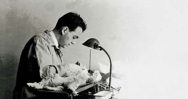 Joaquín Luco haciendo un experimento de fisiología con un gato