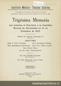 Trigésima Memoria. Que presenta el Directorio a la Asamblea General de Accionistas en 31 de diciembre de 1932.