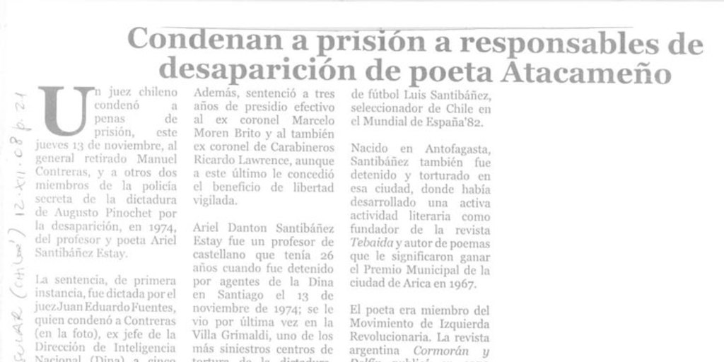 Condenan a prisión a responsables de desaparición de poeta Atacameño