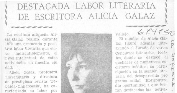 Destacada labor literaria de escritora Alicia Galaz