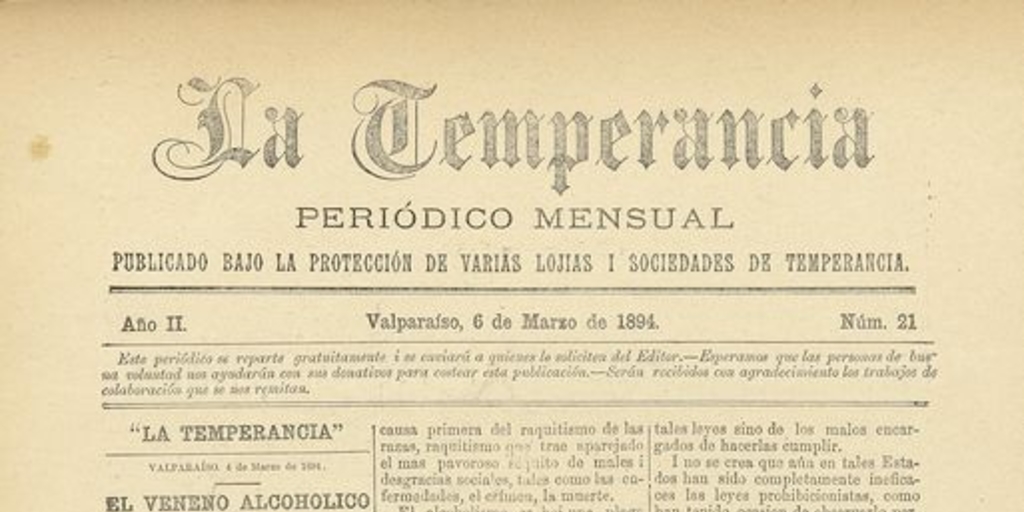 La temperancia Año 2: nº21, 6 de marzo de 1894