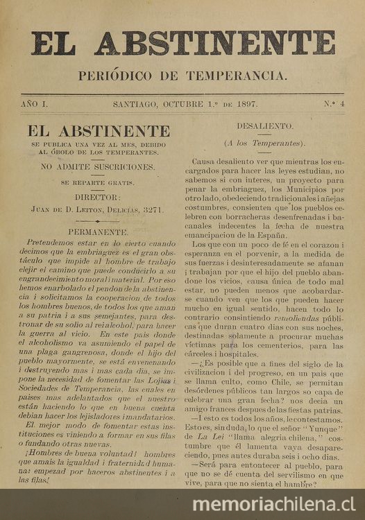 El Abstinente Año I: nº4, 1 de octubre de 1897