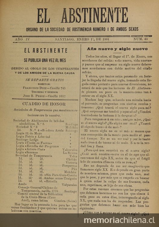 El Abstinente Año IV: nº43, 1 de enero de 1901