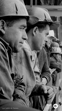 Móviles: Obreros de la planta siderúrgica de Huachipato, 1940. Fotografía de Luis Ladrón de Guevara.