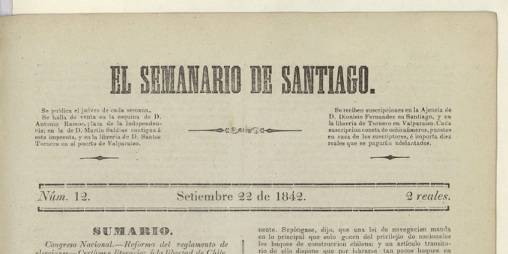 El Semanario de Santiago: número 12, 22 de septiembre de 1842