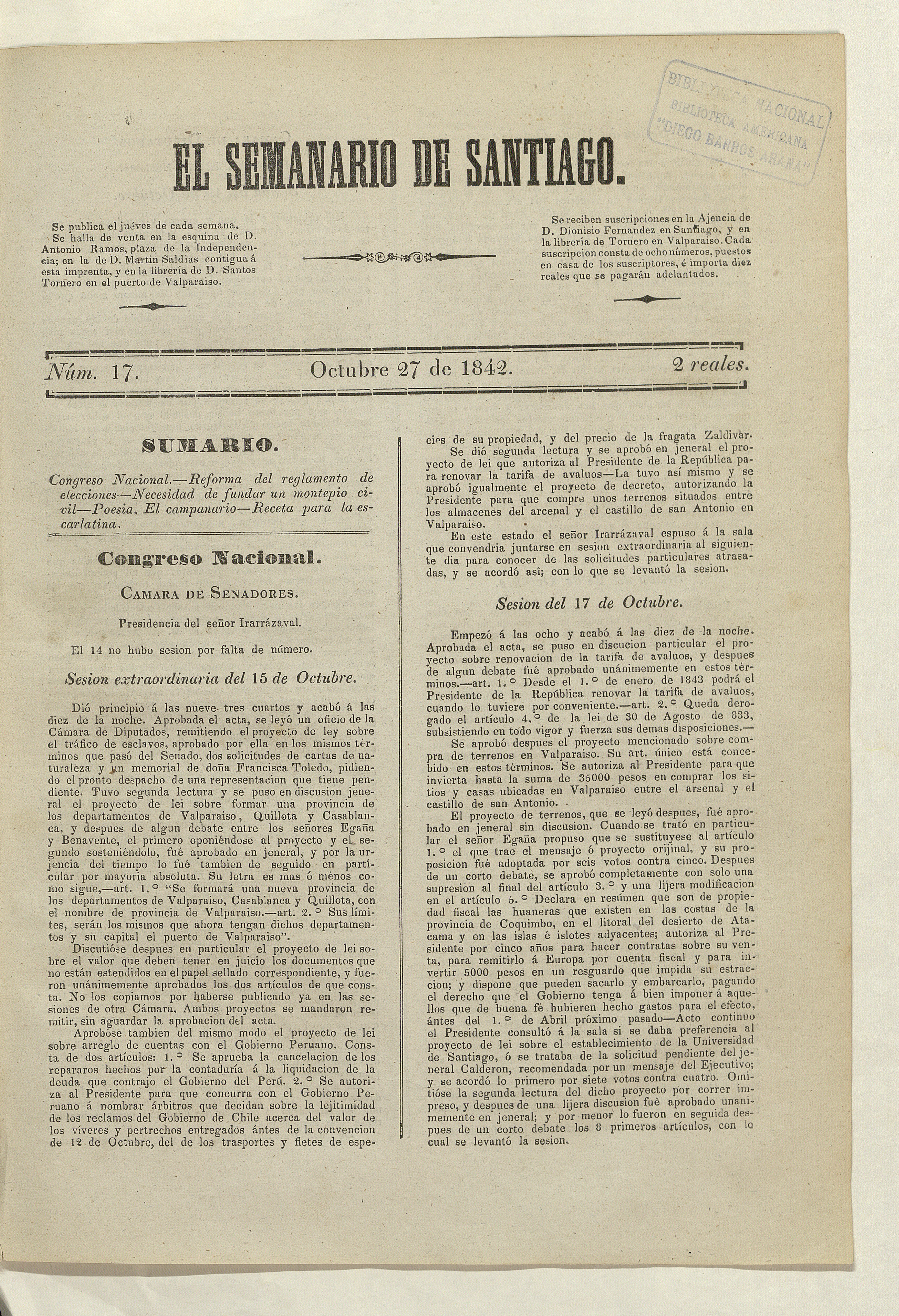 El Semanario de Santiago: número 17, 27 de octubre de 1842