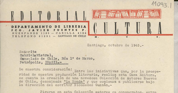 [Carta] 1945 ago. 30, Santiago, Chile [a] Gonzalo Drago[manuscrito] /Nicomedes Guzmán.
