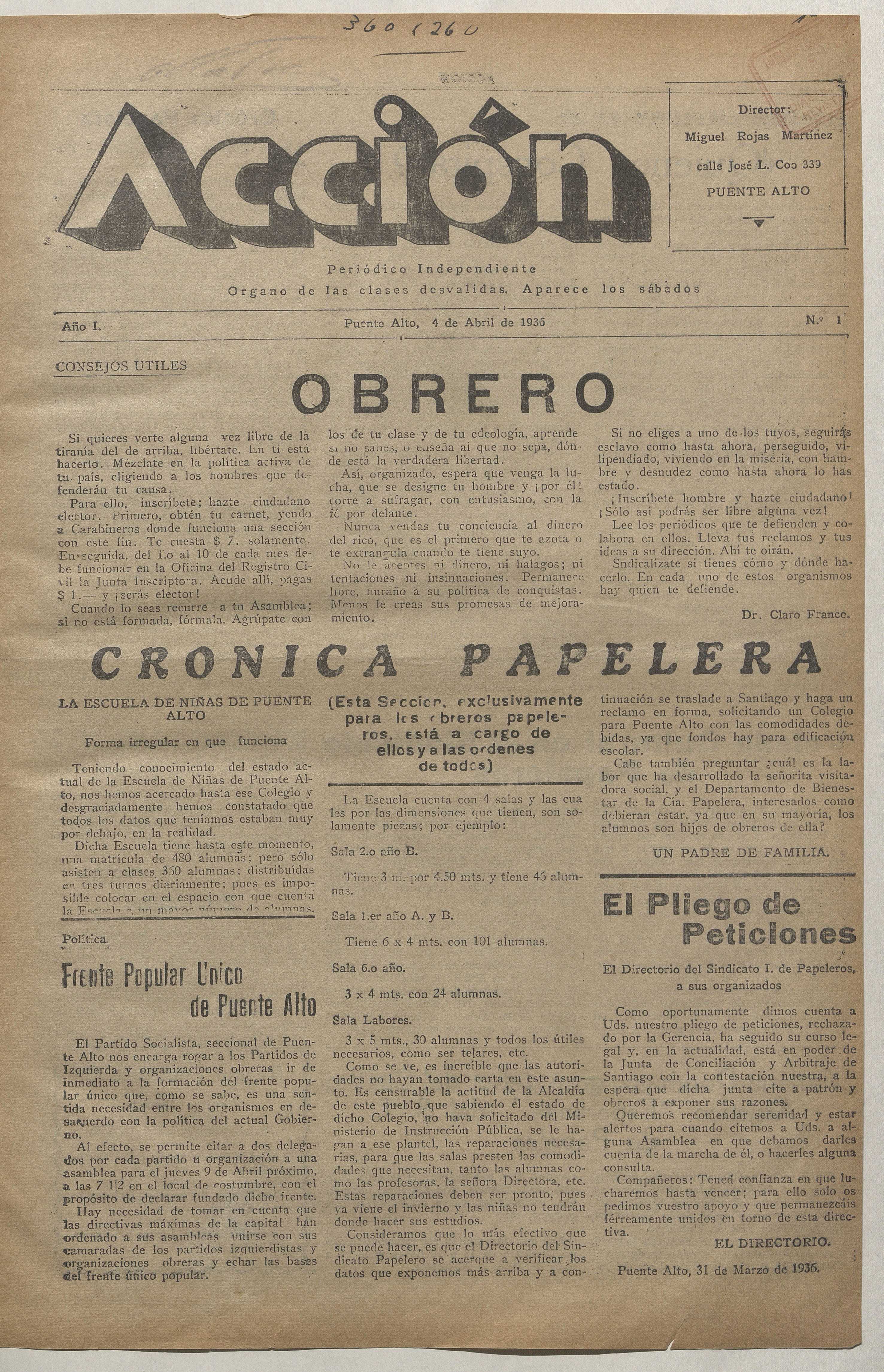 Acción, N° 1, 4 de abril de 1936