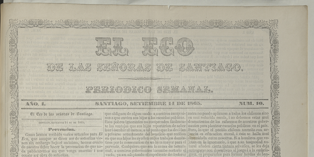 El eco de las señoras. Año 1, número 10, 11 de septiembre de 1865