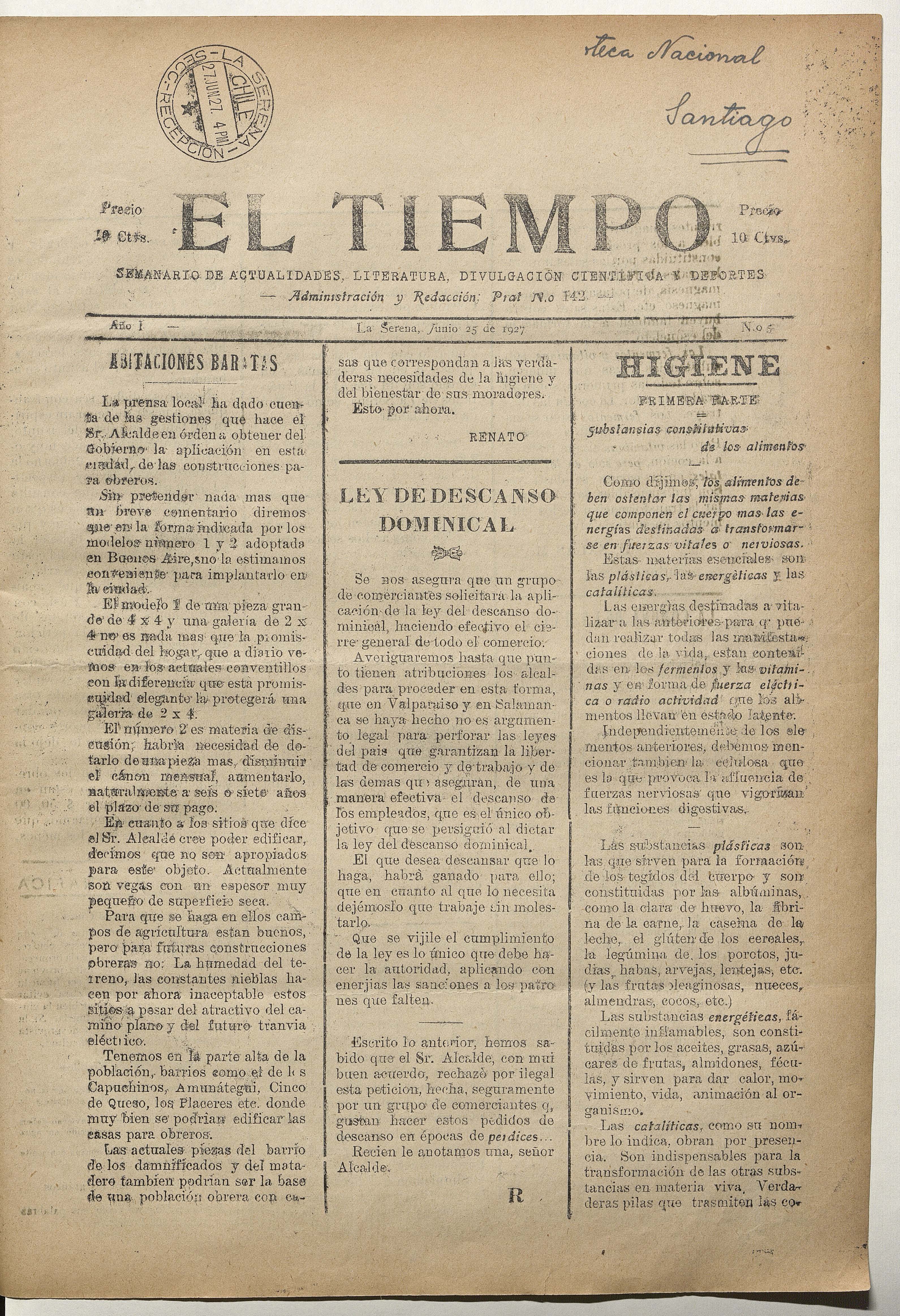El Tiempo, número 5, 25 de junio de 1927