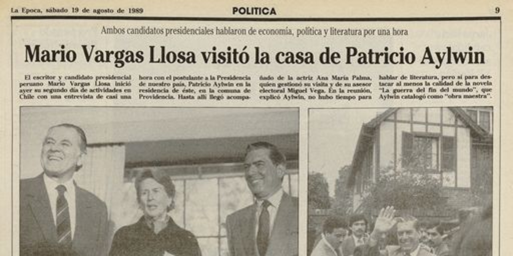 "Mario Vargas Llosa visitó la casa de Patricio Aylwin", La Época, (Santiago), 19 de agosto, 1989, p. 9.