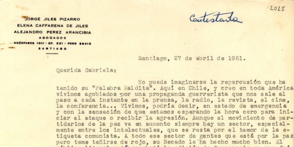 Carta de Elena Caffarena a Gabriela Mistral