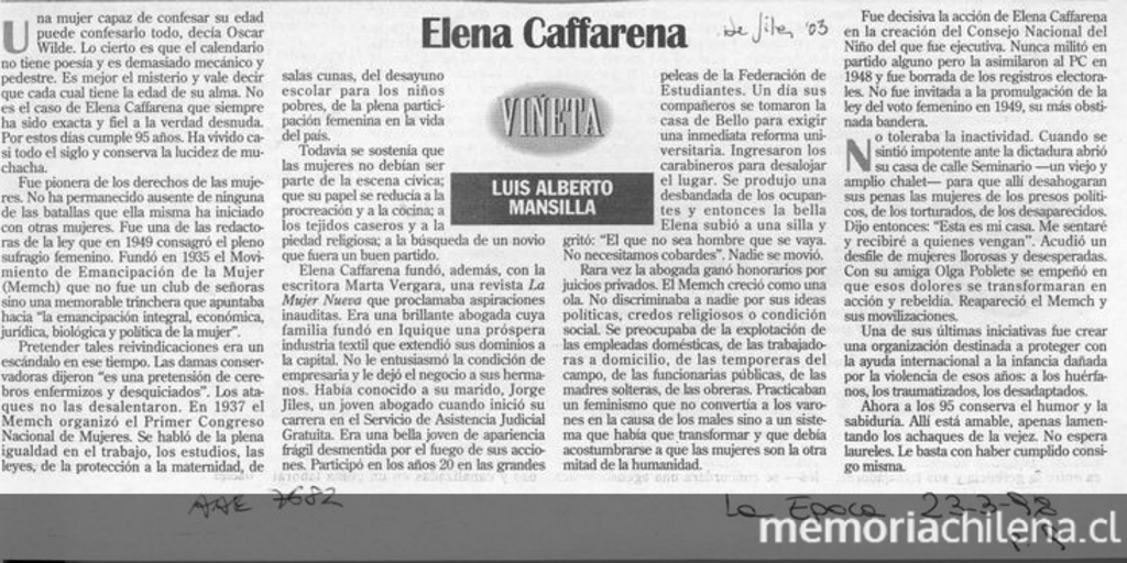 "Elena Caffarena", La Época, (Santiago), 23 de marzo, 1998, p. 9.