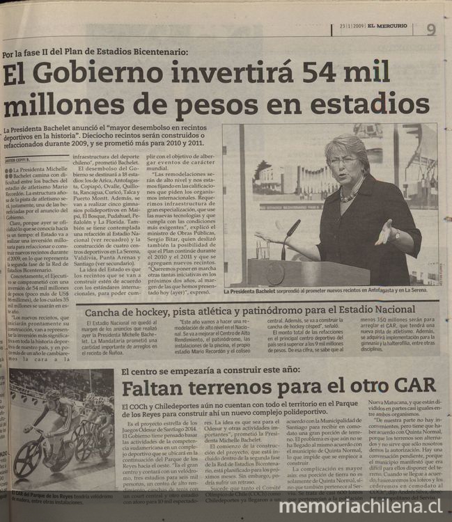 "El Gobierno invertirá 54 mil millones de pesos en estadios", El Mercurio (Santiago), 22 de enero, 2009, Sección Deportes, p. 9.