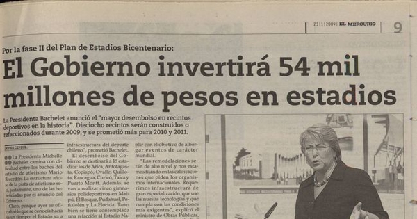 "El Gobierno invertirá 54 mil millones de pesos en estadios", El Mercurio (Santiago), 22 de enero, 2009, Sección Deportes, p. 9.