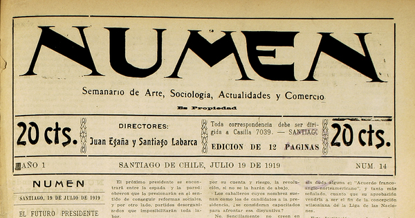 Numen. Año 1, número 14, 19 de julio de 1919