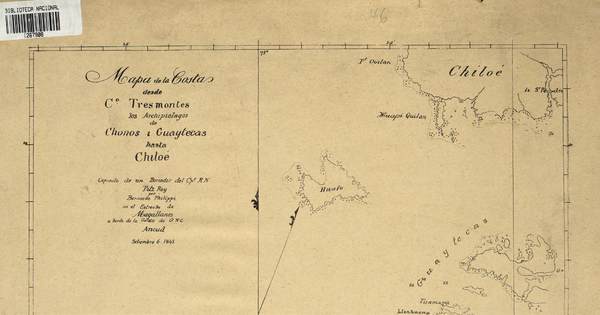 Mapa de la costas [sic] desde Co. Tres Montes los archipiélagos de Chonos i Guaytecas hasta Chiloé [material cartográfico] copiado de un borrador del Cpt. R.N. Fitz Roy por Bernardo Philippi en el Estrecho de Magallanes a bordo de la Goleta de G.N.C Ancud septiembre 6 1843.