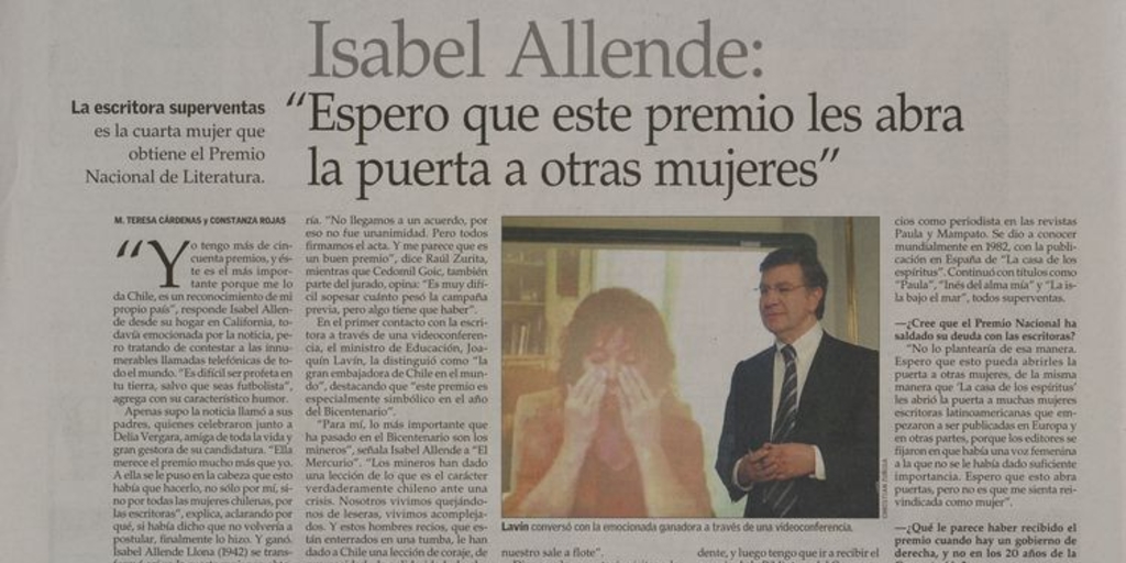 Isabel Allende: "Espero que este premio les abra la puerta a otras mujeres"