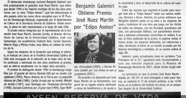 Benjamín Galemiri obtiene Premio José Nuez Martín por Edipo Asesor