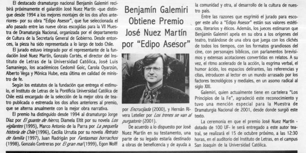 Benjamín Galemiri obtiene Premio José Nuez Martín por Edipo Asesor